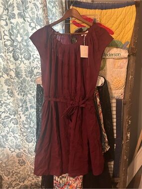 LC Lauren Conrad Wine-Red Cap Sleeve Tie-Waist Dress
